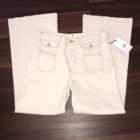 7 For All Mankind Ecru Tailorless Wide Leg With A Flair Double Pocket Jeans NWT - Picture 2 of 8